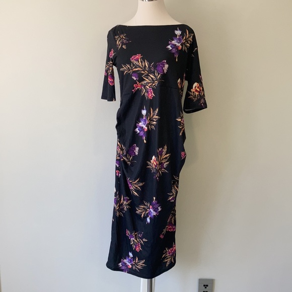 NWT Maternity Black Floral Bardot Midi Dress - Picture 3 of 11